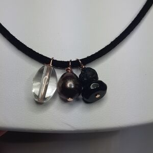 Black Peacock Pearl, Genuine Quartz, Onyx and Lava Stone Wire Wrapped Necklace